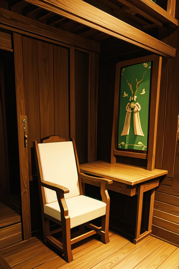 empty throne, wood, Ghibli studio, Retro anime style