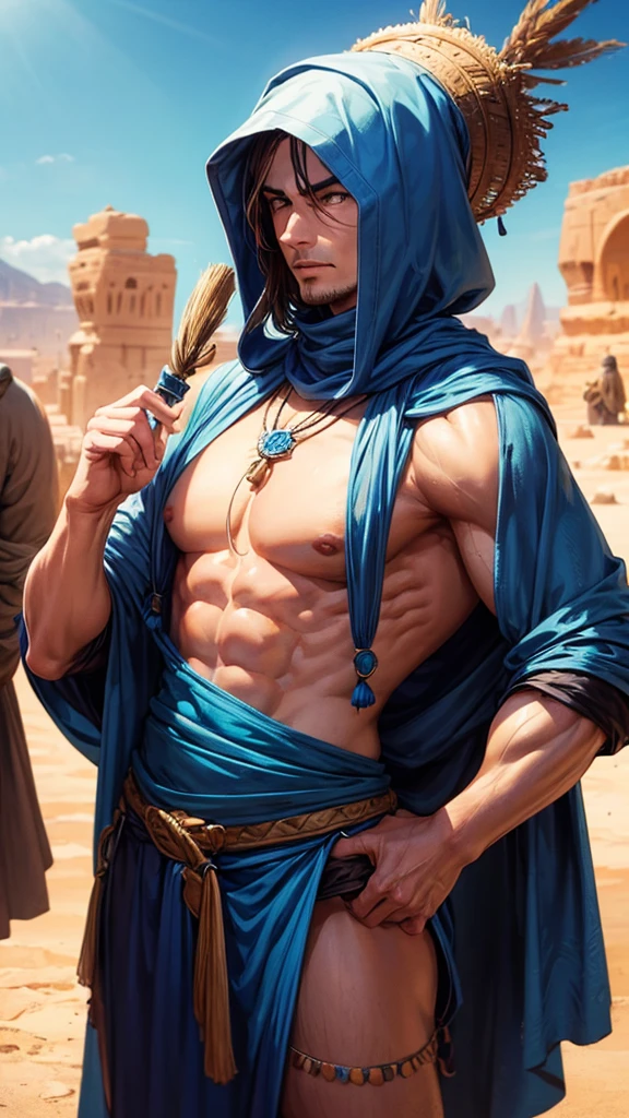 A wandering merchant, tall and muscular, extremely sensual. In a desert in blue Arabic clothes.