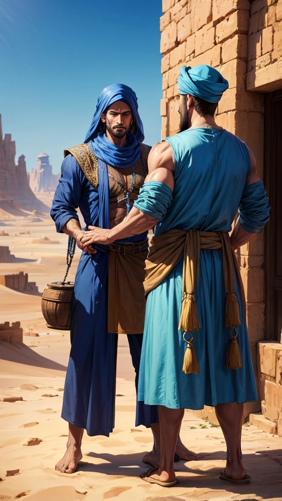 A wandering merchant, tall and muscular, extremely sensual. In a desert in blue Arabic clothes.