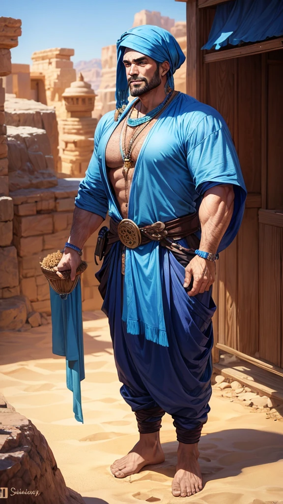 A wandering merchant, tall and muscular, extremely sensual. In a desert in blue Arabic clothes.