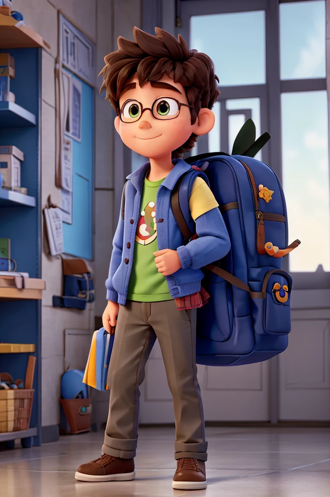 1 student boy with backpack and notebook in hand, glad, fluffly, disney pixar 3d style, high qualiy