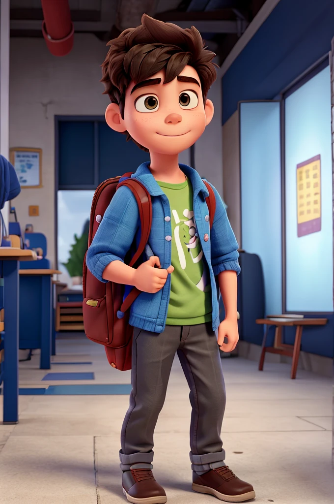 1 student boy with backpack and notebook in hand, glad, fluffly, disney pixar 3d style, high qualiy