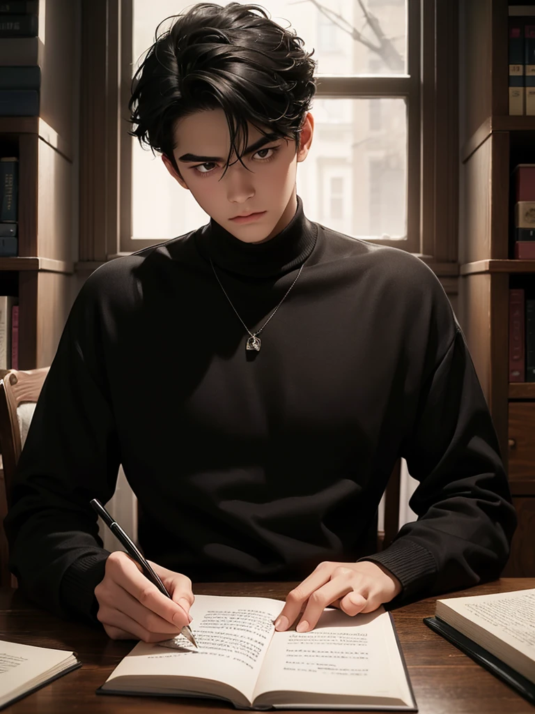 Help me make the cover of my book that is about a black haired boy writing a letter with a serious face