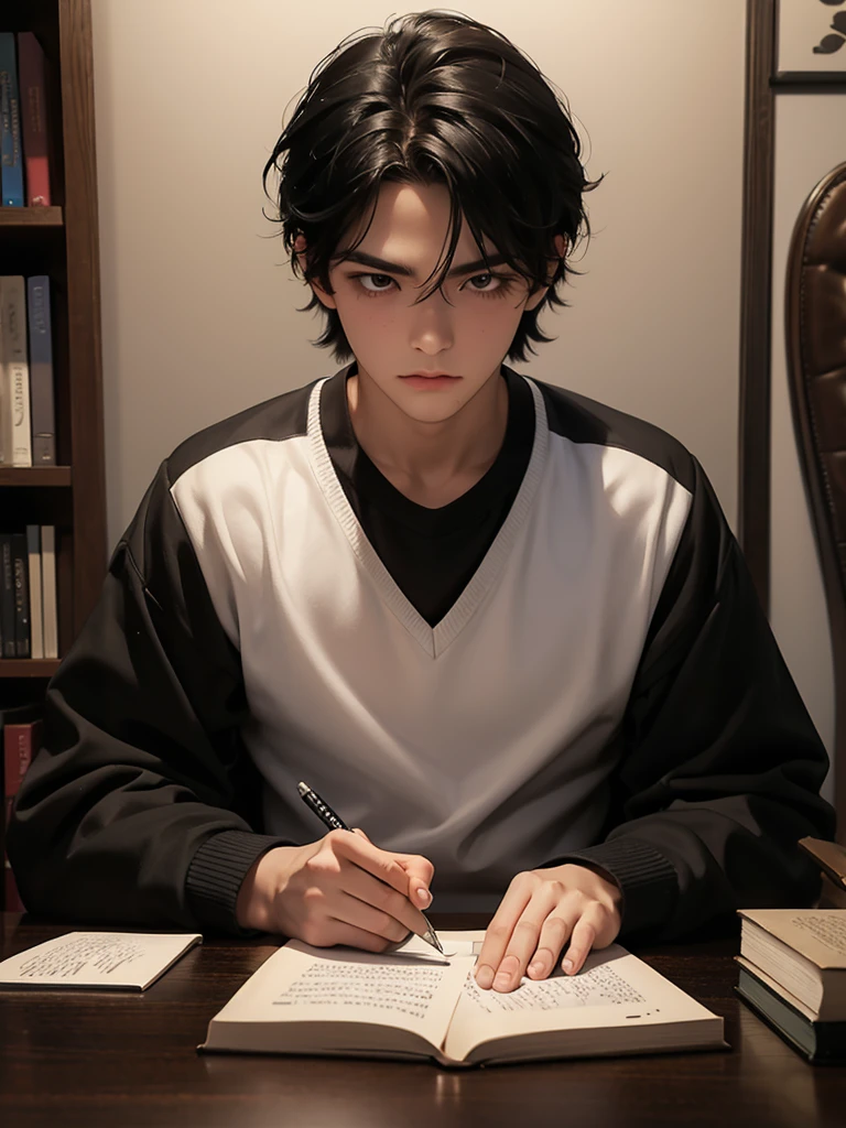 Help me make the cover of my book that is about a black haired boy writing a letter with a serious face