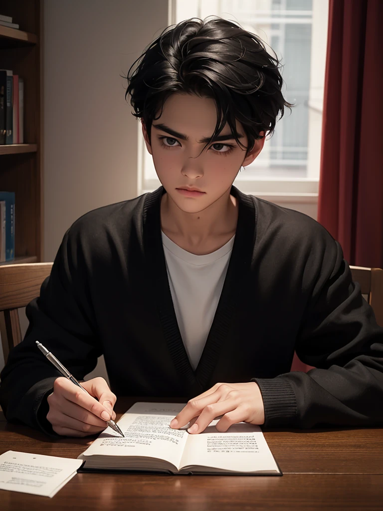 Help me make the cover of my book that is about a black haired boy writing a letter with a serious face