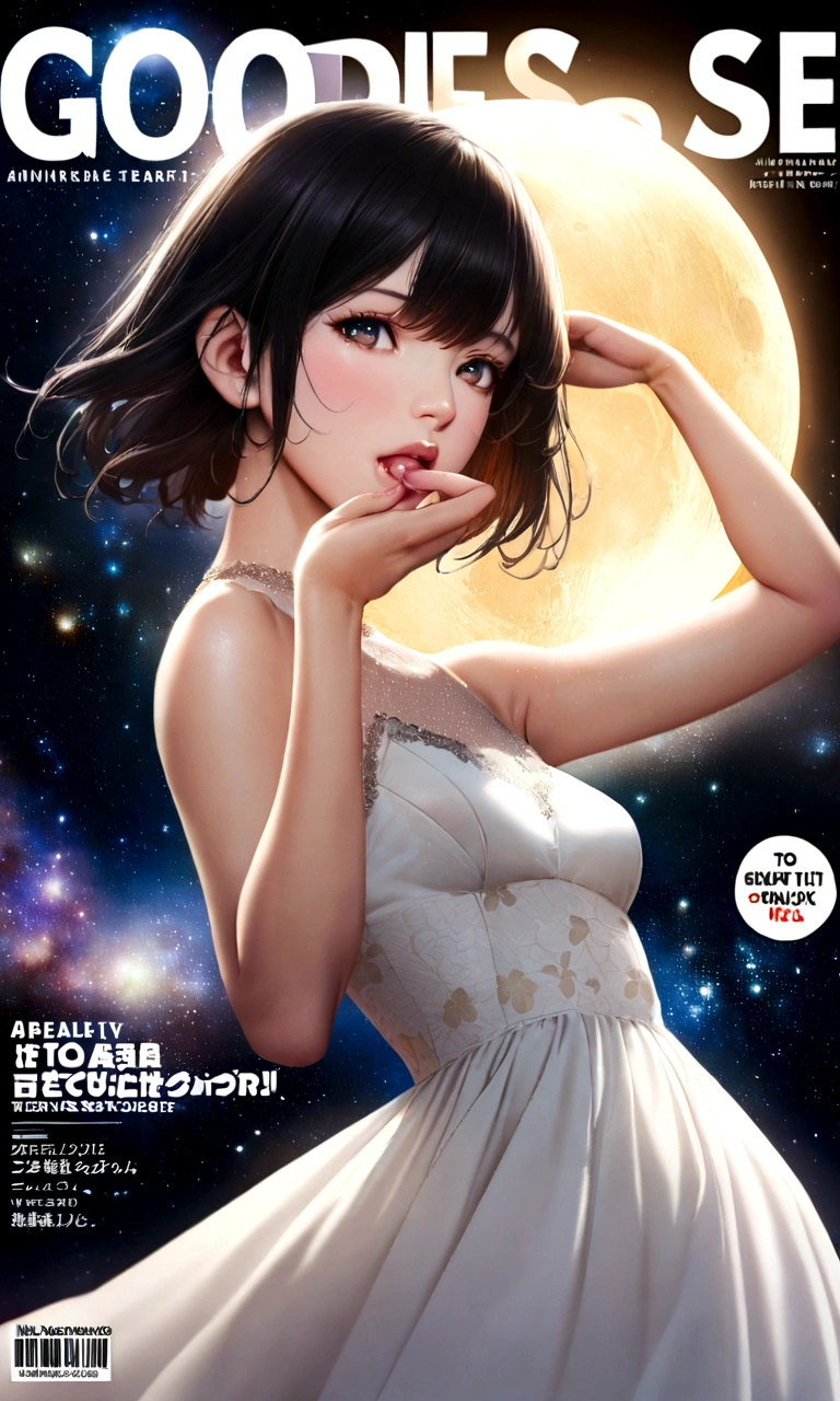 geographic magazine、title、scoop、A Goddess Bigger Than a Small Earth、Neat、Pure white long dress、Hold the Earth in your hand and bring it close to your mouth、to kiss、universe space、Sexy pose、Small breasts、Realistic、Magazine Cover、anime、リアルanimeスタイル、short hair、Black Hair、Cute woman、Beauty、model、Portrait、Steamy、steam、Japanese Idol、20th Generation、Milky Way、nebula、Mars、Saturn、moon、Spectacular atmosphere、animeキャラクターのポスター