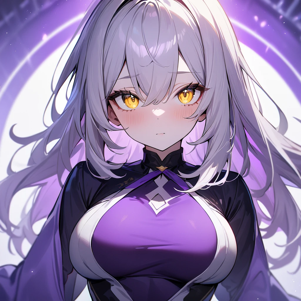 1girl,pale hair,yellow eyes,pale eyes,masterpiece,best quality,very aesthetic,absurdres,(front view),(purple colors),(breast),