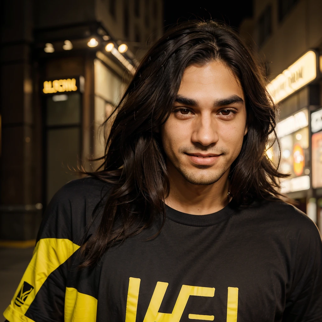 Male, 28 years old, dark brown hair, slightly wavy and messy. Light skin, long face, thick eyebrows, large and expressive eyes. Straight and proportional nose. Thin lips, smiling slightly. He wears a black t-shirt with the Kappa logo visible on the chest. Background: urban street at night with yellow artificial lighting.