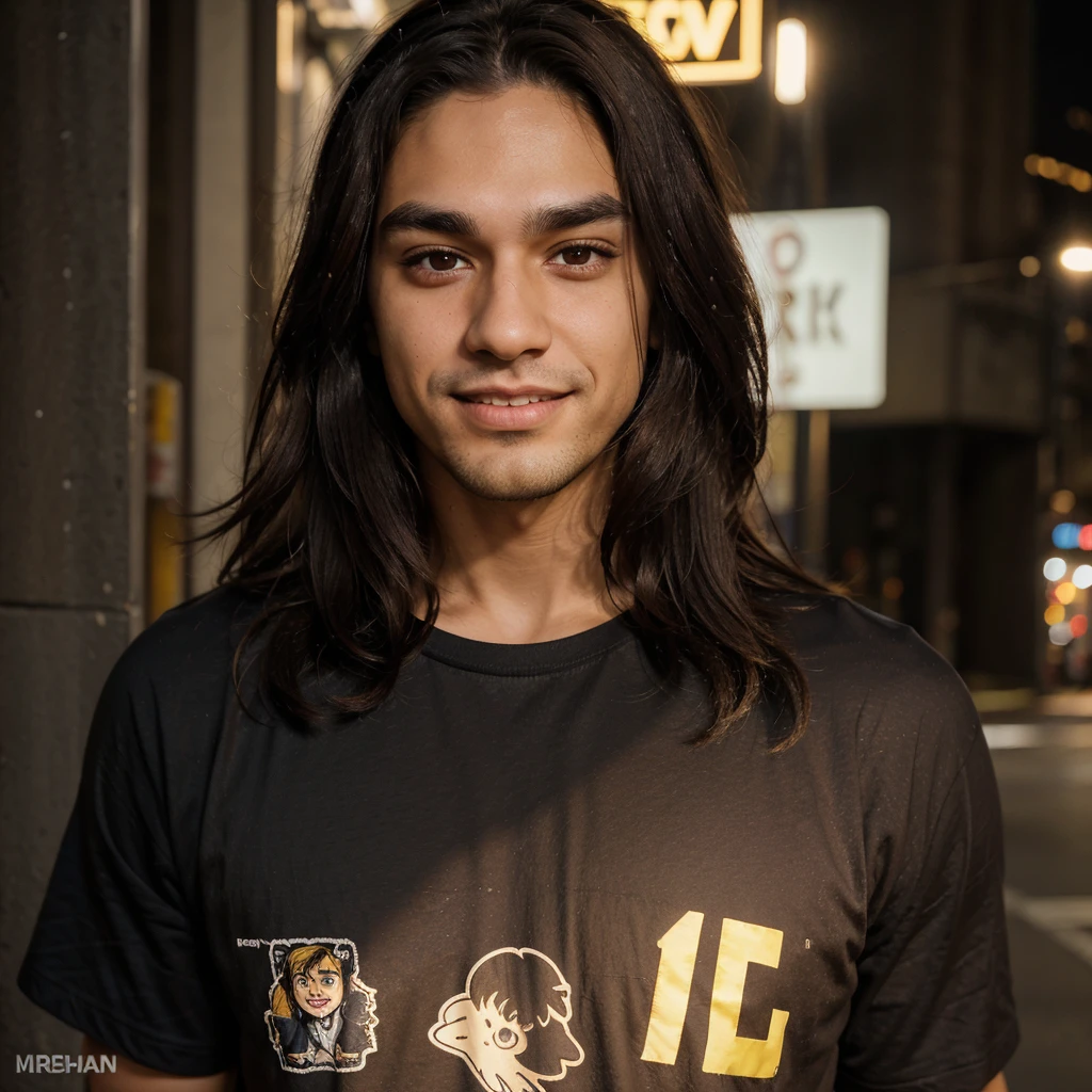 Male, 28 years old, dark brown hair, slightly wavy and messy. Light skin, long face, thick eyebrows, large and expressive eyes. Straight and proportional nose. Thin lips, smiling slightly. He wears a black t-shirt with the Kappa logo visible on the chest. Background: urban street at night with yellow artificial lighting.