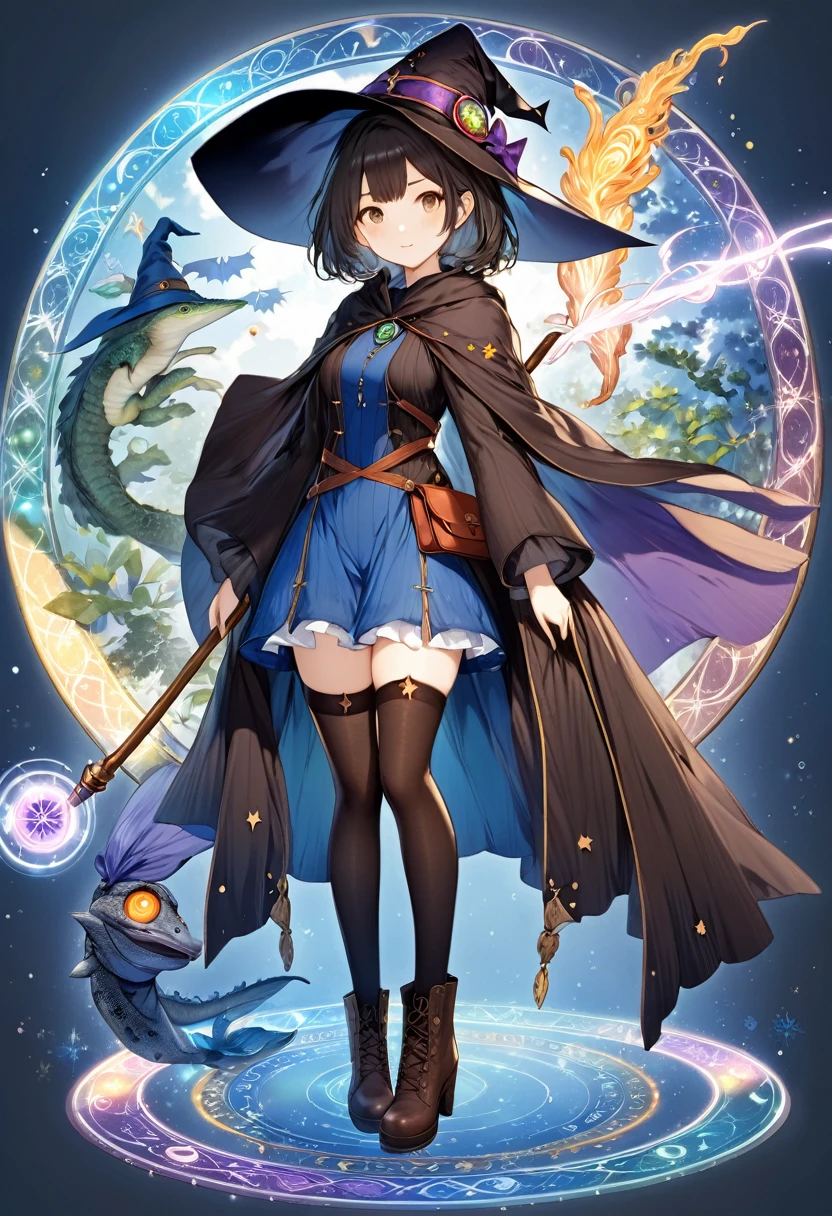 A beautiful witch in the style of Studio Ghibli, 1.55 tall, 16 years old, medium-length black hair, light brown eyes, fair skin, wearing a knee-length transparent blue dress, black stockings and dark brown boots, a black and cinnamon cloak, a light brown handbag and a magic wand made of coral lizard. 8k image, ((highest quality)),(ultra high resolution),(Super detailed),(detailed description),((best GC)),(best artwork),super art precision,great drawing- art(Fantasy art with precise details:1.5),(witch:1.6),(and pretty cute shaped face:a 1.5),(Magic circle floating:1.6),dynamic pose:1.5,boots:1.3, magic circle, final fantasy XV style, 4K, super sexy, By Luciano75