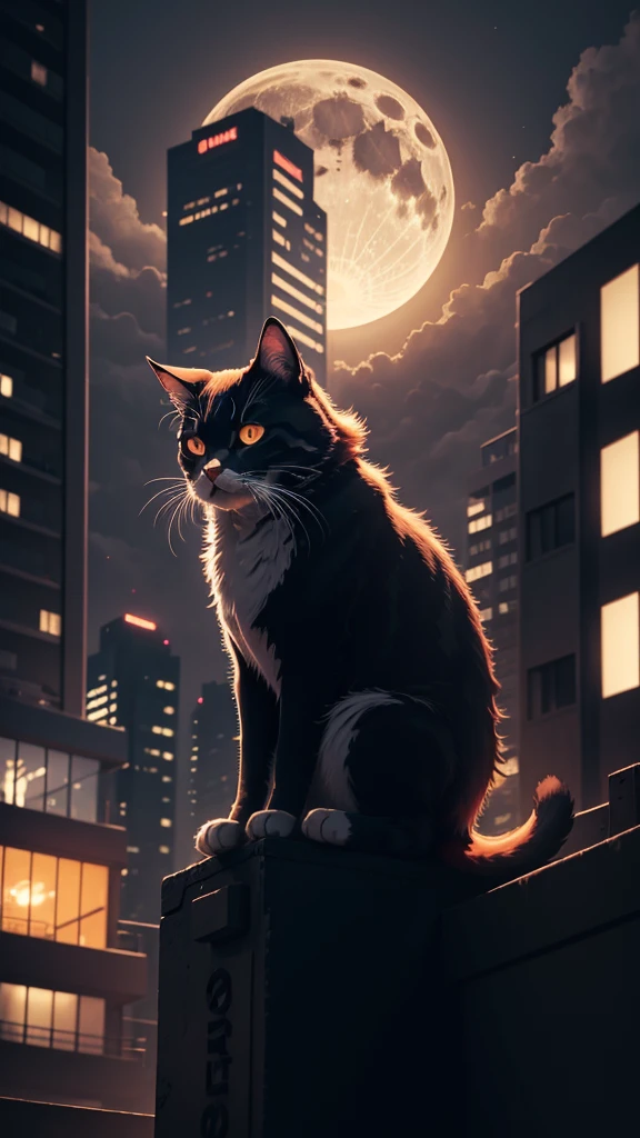 neon, cyber punk, natta, night-time, moon with strong light, orange cat, on top of a building, on the edge of the building,