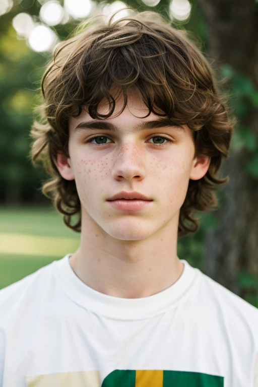 A 16-year-old white boy with a marked jawline and a few freckles with slightly short, slightly messy wavy hair and green eyes. 