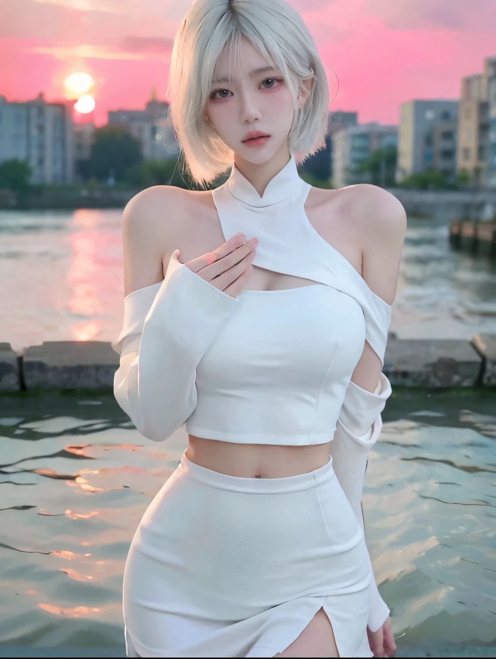 Beautiful woman with perfect figure:1.4，Sunset sky background，Layered Hairstyle，White skin，Prominent cleavage，White bikini:1.5，White ultra-short pleated skirt，whole body，Very delicate face and skin texture，Double eyelids，Skin Whitening，Long white hair