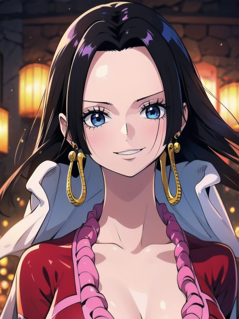 Masterpiece, Boa Hancock from One Piece, detailed face, beautiful blue eyes, small smile, wears earrings; big breasts, cleavage, loose and stylized hair, long beautiful hair, wears Boa Hancock earrings, (wears a red dress), (wears a white cape), has cleavage, bare abdomen, battle pose. The art style should resemble a captivating anime style. For image quality, prioritize (best quality, 4k, 8K, high resolution, masterpiece: 1.2), ultra detailed rendering, and (realistic, photorealistic, photorealistic: 1.37). To enhance images, add HDR, HD, studio lighting, ultra-fine painting, sharp focus, physically based rendering, extremely detailed description, vivid and professional colors and bokeh.