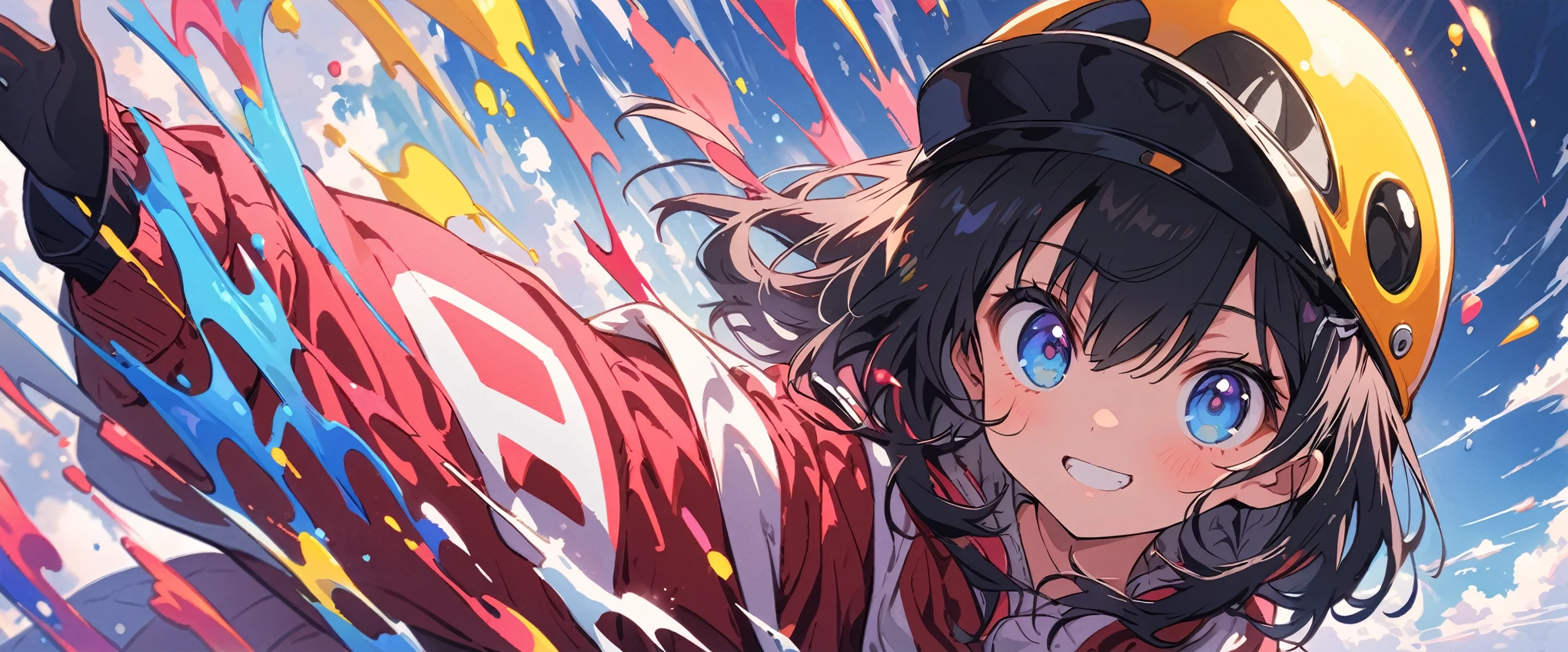 ((Put on a penguin helmet)), ((Navy blue helmet)), girl、cute、Penguin Parade、(Highest quality、masterpiece、High resolution、detailed)、animeスタイル、Flat Style、(Beautiful Eyes, Delicate and beautiful face,), break,girl1人、extremely detailed(The Shining), Best lighting, Best Shadow、floating, (High chroma), (Colorful Splash), Colorful bubbles, (Shine), Focus on the face, Dynamic Angle、anime、Pop Background