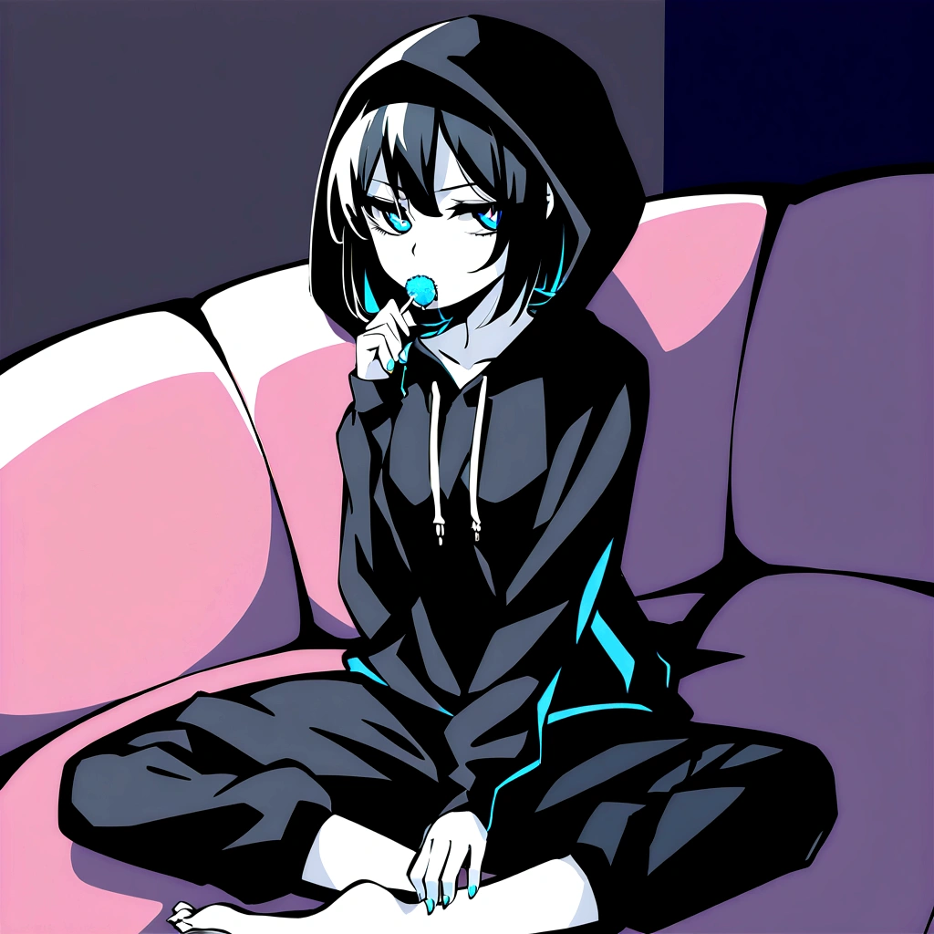 A girl with pale skin, bright cyan blue eyes and short black hair, plus sharp teeth. She has dark circles under her eyes. She is wearing a black hooded sweatshirt and black sweatpants, and is sucking on a lollipop. She is barefoot, and maintains a detached, indifferent, and bored expression on her face. She is sitting on a black sofa, in a bored way.