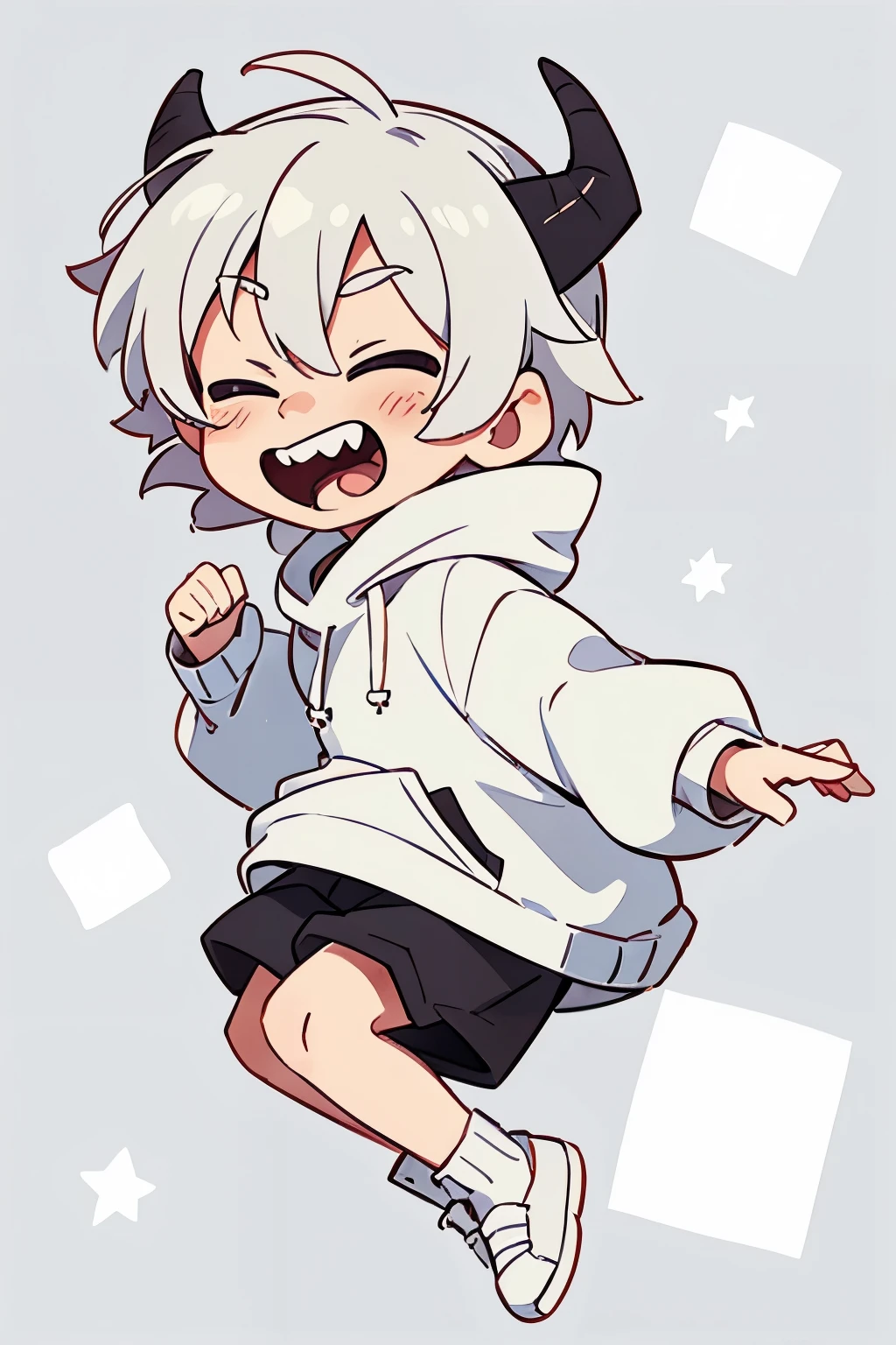 chibi drawing, Boy, white, with gray hair, wearing a white hoodie and black demon horns, laughs