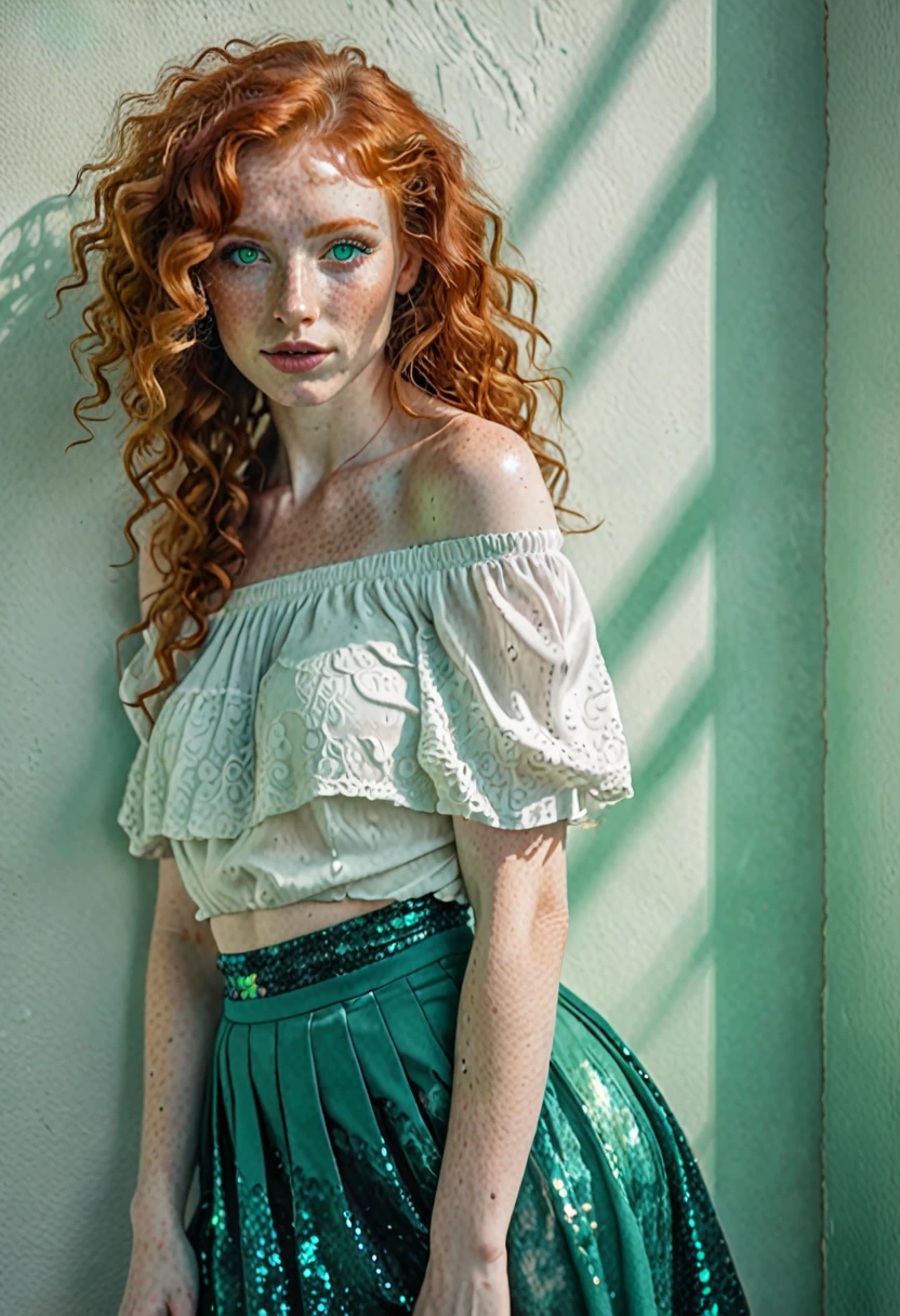 

artistic watercolor with oil tinting detailed long shot of  curly redhead woman, intricate beauty, luxurious sparkling emerald eyes, uhd, 8k, dynamic lighting, iridescent accents, realism, ultra-detailed, matte pastell colors, leaning against the wall, wearing a off shoulder powder white poet top, teal  boho skirt, camera eye contact, freckles