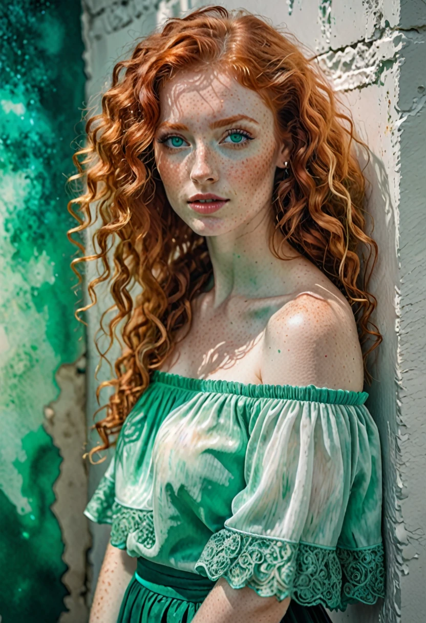 

artistic watercolor with oil tinting detailed long shot of  curly redhead woman, intricate beauty, luxurious sparkling emerald eyes, uhd, 8k, dynamic lighting, iridescent accents, realism, ultra-detailed, matte pastell colors, leaning against the wall, wearing a off shoulder powder white poet top, teal  boho skirt, camera eye contact, freckles