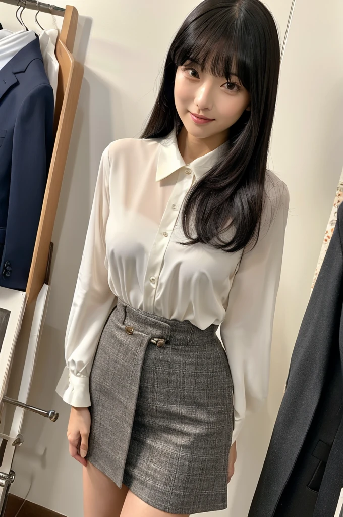 Suit, backstage at studio, talent agency manager,((full body)),((photo)),((best qualtiy, 8K, tmasterpiece:1.3)), Focus:1.2, perfect figure beautiful girl:1.4,1girl,cowboy shot,look at viewer,incredibly absurd, beautiful and cute girl with a photorealistic face, showcasing top-quality craftsmanship, Japanese woman writing work instructions in her notebook, 20 years old, shoulder-length bob cut, thick, straight black hair with bangs, shiny black hair, large eyes, round face, long eyelashes, soft smile, thin eyebrows, small nose, glossy lips, smooth skin, fair skin, fine-grained skin, tall, slender figure, well-balanced proportions, delicate limbs, small B-cup breasts, white blouse, black tight skirt, heeled pumps, watch, earrings, pretty older woman, beautiful, neat, fashionable, cheerful, positive, curious, sociable, responsible, highly trusted by those around her, October