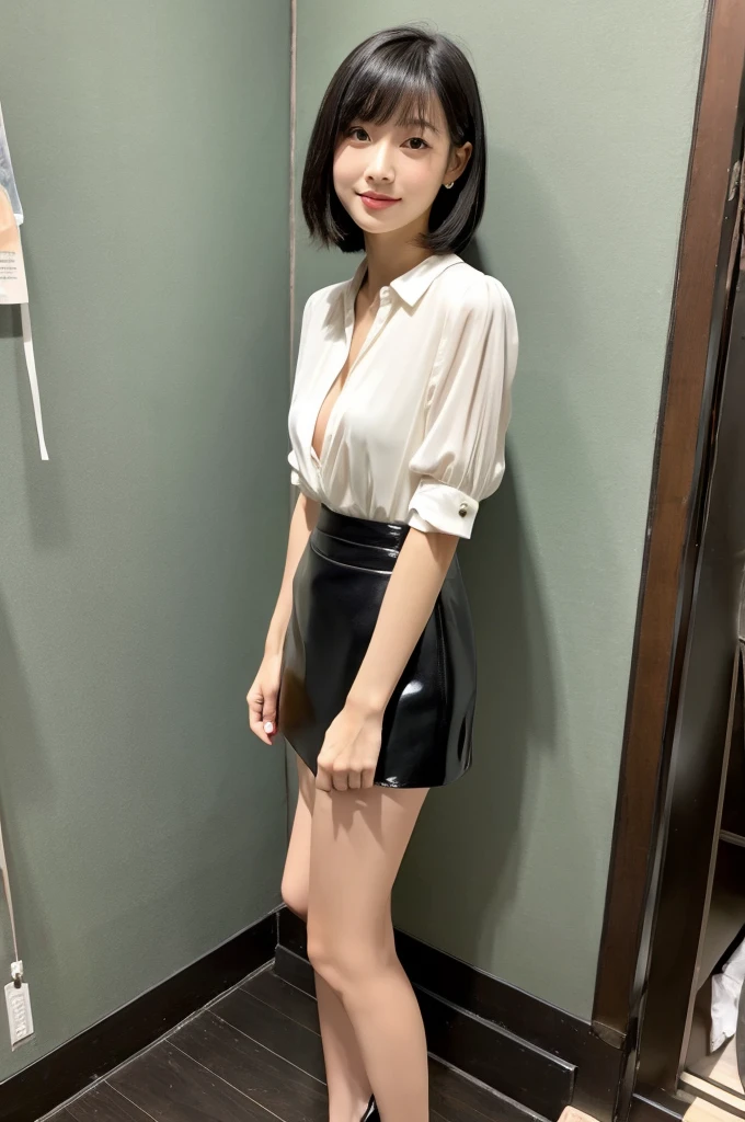 Suit, backstage at studio, talent agency manager,((full body)),((photo)),((best qualtiy, 8K, tmasterpiece:1.3)), Focus:1.2, perfect figure beautiful girl:1.4,1girl,cowboy shot,look at viewer,incredibly absurd, beautiful and cute girl with a photorealistic face, showcasing top-quality craftsmanship, Japanese woman writing work instructions in her notebook, 20 years old, shoulder-length bob cut, thick, straight black hair with bangs, shiny black hair, large eyes, round face, long eyelashes, soft smile, thin eyebrows, small nose, glossy lips, smooth skin, fair skin, fine-grained skin, tall, slender figure, well-balanced proportions, delicate limbs, small B-cup breasts, white blouse, black tight skirt, heeled pumps, watch, earrings, pretty older woman, beautiful, neat, fashionable, cheerful, positive, curious, sociable, responsible, highly trusted by those around her, October