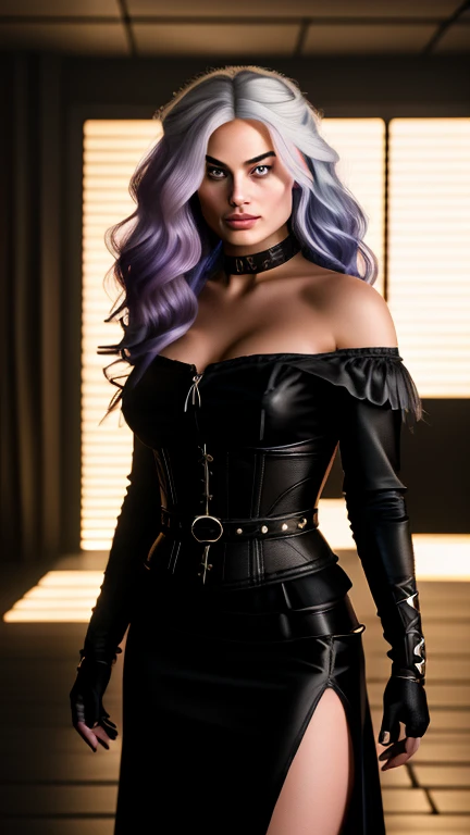 (Margot Robbie face), realistic face, Generate an illustration of a young (Yennefer of Vengerberg), of Witcher 3, correct head to body proportion, hair combed to sides, layered haircut, de terno preto, black long hair flows to her back, hair flows straight down, black hair, Ultrarealistic Bright Violet eyes, both eyes are similar, (big round poking breasts), low-cut deep cleavage, Ultrarealistic juicy round butt, Ultrarealistic detailed hips, thick thighs, black Corset outfit in anime format with a serious style, ((black strapless dress)), Ruby black velvet choker, grey tights, black boots, gothic make up, masterpiece, ((dark lighting)), black background, puffy lips,slendered toned abs, beautiful face, grin on face 