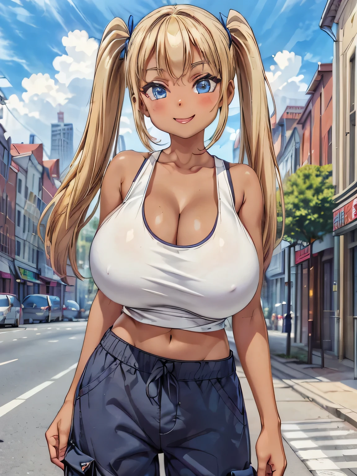 (((Highest quality、8K、masterpiece：1.5)))、(Slanted Eyes、blue eyes、Blonde、Twin tails、(Big Breasts：1.2)、Tank top、Baggy pants、))、((Perfect Anatomy))、whole body、smile、Look forward、Looking into the camera、City hustle and bustle、((Brown Skin:1.3))