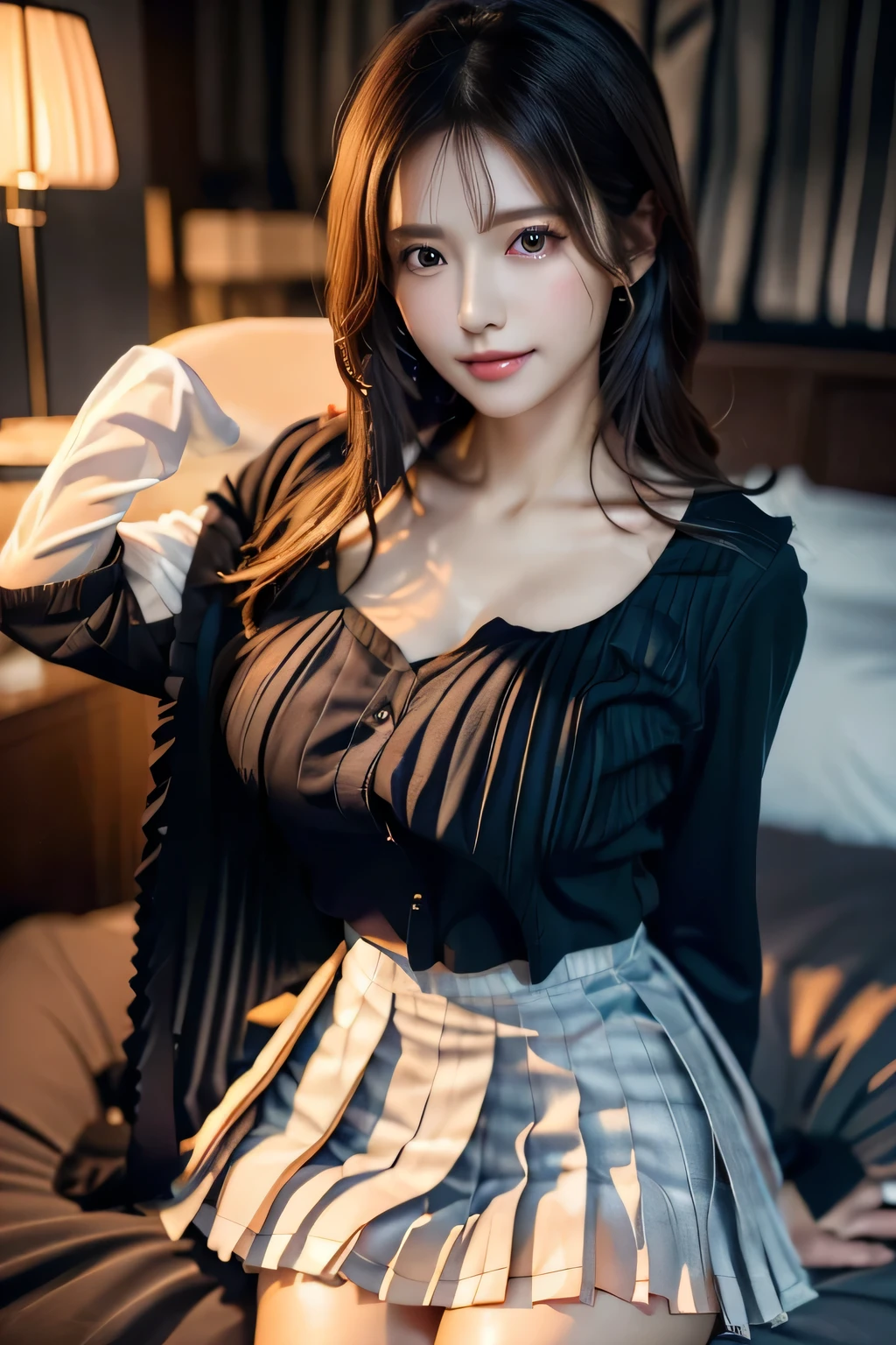 (((Woman lying on bed in bedroom)))、Accentuate your breasts、(((school uniform:1.3)))、Open white shirt、(((Check pleated skirt that fits snugly against the skin:1.7)))、(Reddish brown wet shiny short hair)、hairpin、hair ornaments、Blushing cheeks、Pointed red mouth、Large Breasts、Perfect body curves、Beautiful clavicle、Wet Hair、Wet Face、Wet body、Wet Skin、Wet costume、Detailed clothing features、Detailed hair features、Detailed facial features、Looking into the camera、(Dynamic Angle)、(Dynamic and sexy pose) )、Cinema Lighting、(masterpiece、Highest quality、Ultra-high resolution output images、Write Boundary Depth、Intricate details、Add depth to your subject with contrast between light and shadow、)、Digital Illustration、Single-lens reflex camera、(Realistic:1.3)、(8K quality、Anatomically correct facial structure、)、(Picture Mode Ultra HD、)
