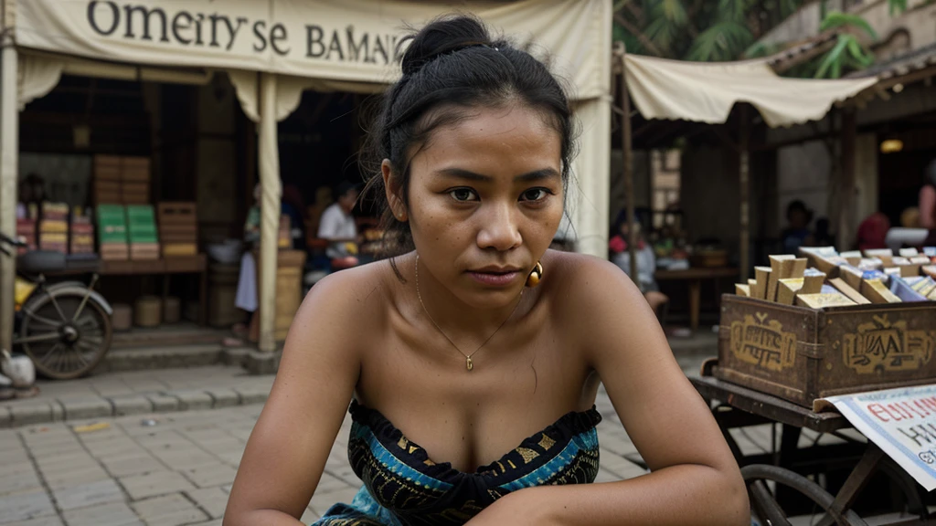 photo, a beautiful sweet young ancient Javanese woman with black hair and brown eyes, a messy little bun, sitting on the side of the road like a tramp. She wore a simple shabby strapless batik tank top. a cigar was in his right hand held close to his mouth, while his mouth was exhaling smoke, his eyes were looking into the distance. he is a traditional cigar seller with his wares on display in the courtyard. the background is a bustling traditional street market of the era of ancient kingdoms. the sky above was cloudy gray, and the rays of sunlight illuminated the view. Wide aspect ratio, realistic photos