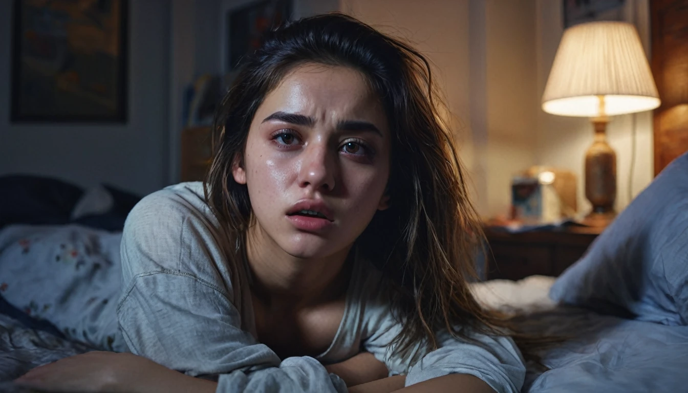 a young woman of 19 years old lying on bed, expression of pain, holding chest, dim lighting, messy room reflecting mental and physical condition, detailed face, detailed eyes and lips, realistic, cinematic lighting, dramatic, emotional, photorealistic, 8k, high quality, masterpiece