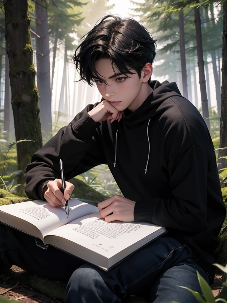 Help me make the cover of my book that is about a black-haired boy writing a letter in the forest