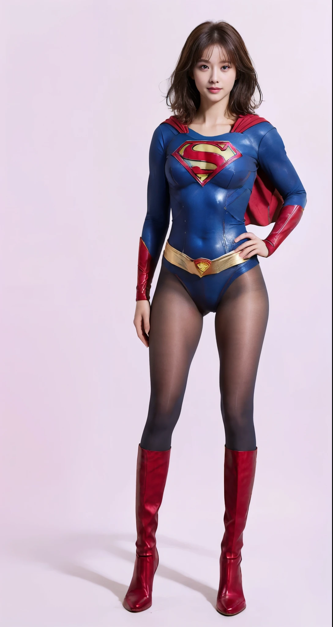 No background、(((Beautiful legs in black tights.)))、(((Legally express the beauty of your smile)))、((((Make the most of your original images)))、(((Supergirl Costume)))、(((Beautiful very short hair)))、(((suffering)))、(((Please wear black tights....、Wear red boots)))、((Best image quality、8K))、((Highest quality、8K、masterpiece:1.3))、(((Preserve background )))、Sharp focus:1.2、Beautiful woman with perfect figure:1.4、Slim Abs:1.2、Wet body:1.5、Highly detailed face and skin texture、8K