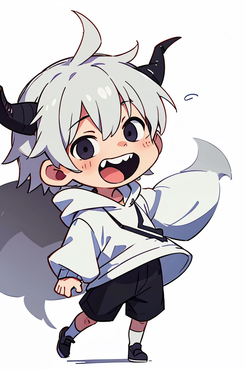 chibi drawing, Boy, white, with gray hair, wearing a white hoodie and black demon horns, laughs