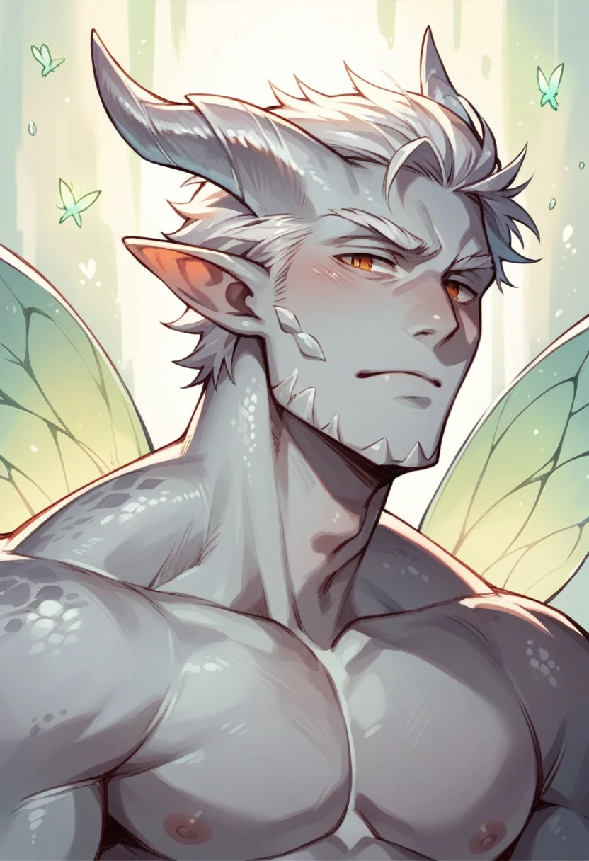 Male, half dragon, fairy, white hair, silver skin, silver scales, 2 horns