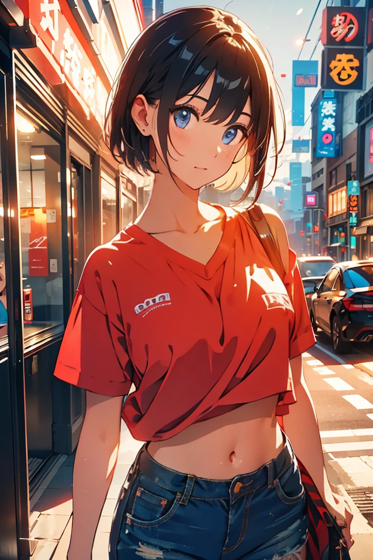 (Raw photo:1.2), (Photorealistic), Beautiful detailed girl, Very detailed eyes and face, Beautiful detailed eyes, Huge file size, High resolution, Very detailed, Best Quality, [masterpiece:1.6], Illustration, Very detailed, Fine detail, Best Quality, 32K Wallpaper, perfect Lighting, Masterpiece, animerealistic, Top quality, Ultra high definition, Maximum resolution, Very detailed, Professional lighting, kabedon pov, looking at viewer, smug, girl is so high, girl is feeling fine, 1girl, girl in big city, neon city, standing on the street, neon city, psychedelic colors, black short hair, bob cut, red shirt, black pants, slander girl,