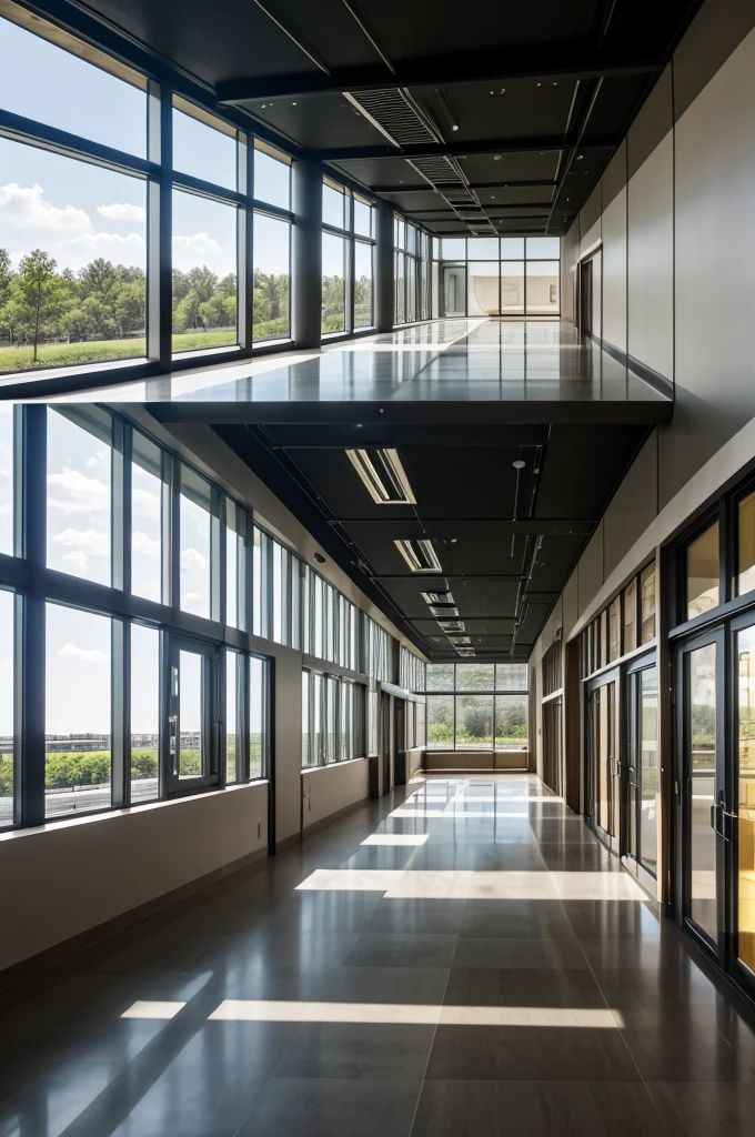 Big company, large dark building. Large multi-story building, spacious. With large windows that some face the outdoors and a cafeteria inside, areas to relax and tranquility