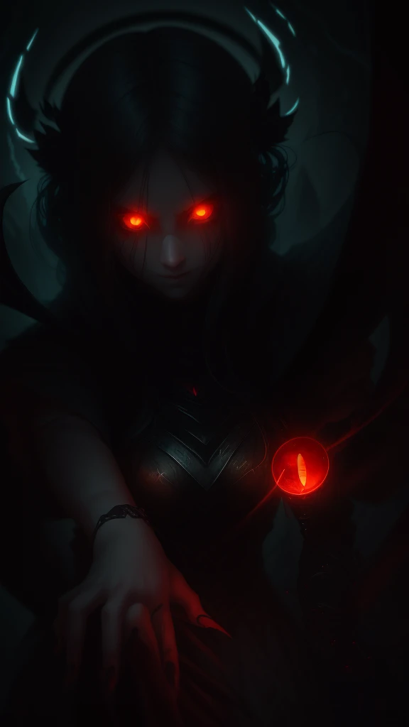 girl, glowing eyes, evil and scary, кроваво-красный, крадется, когти, крылья ворона