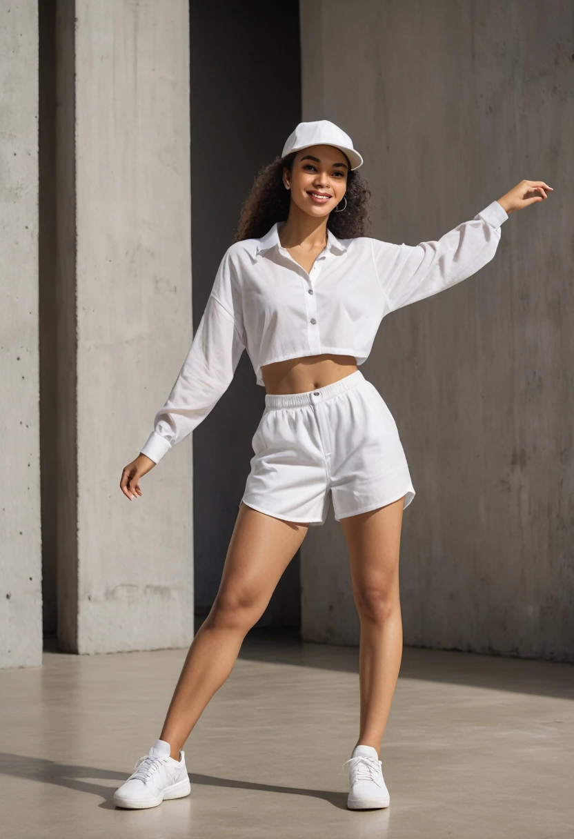 Create an image of a mixed-race spanish moroccan female dancer. She is wearing an oversized, loose-fitting man's formal shirt. the shirt is open at the front. made of thick white cotton. white shorts, white trainers, a white Kangol hat, and wide hole fishnet tights. The setting is outdoors against a grey concrete effect wall. The scene is lit with natural light and additional fill-in spotlighting that brilliantly illuminates the dancer and her movements. Capture her in a dynamic street dance pose with exaggerated shapes and a happy, excited facial expression. The background should be simple, ensuring the focus remains on the dancer.