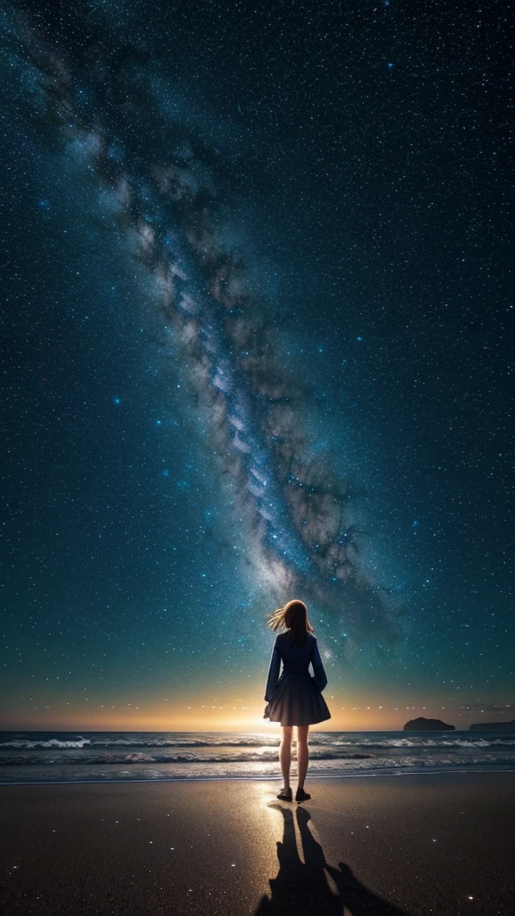 Woman standing on the beach looking at the stars and the Milky Way, Awesome Wallpapers, Space Sky. by Makoto Shinkai, Beautiful Wallpapers, Fantasy art style, Breathtaking fantasy art, Beautiful fantasy art, near a galaxy, The Tranquility of Infinite Stars, Beautiful anime scene, The endless universe in the background, 4k anime wallpaper, Beautiful space, Magnificent and wonderful atmosphere