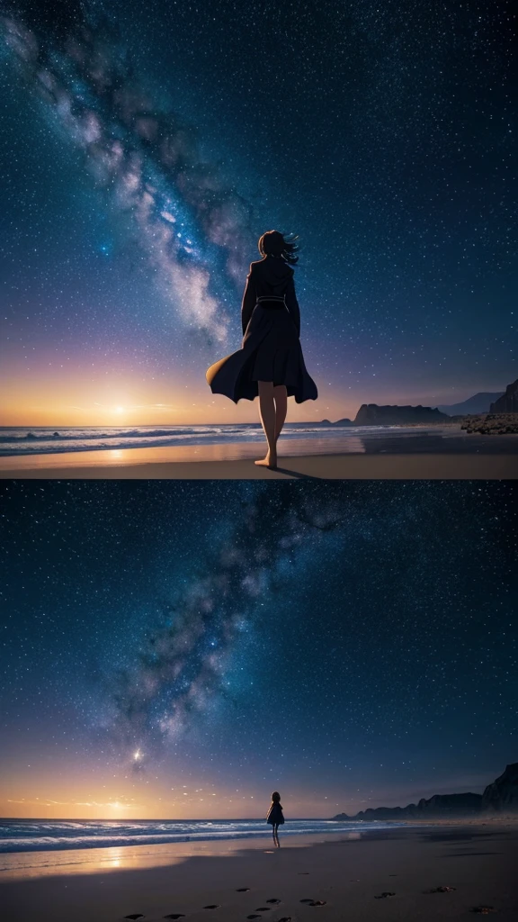 Woman standing on the beach looking at the stars and the Milky Way, Awesome Wallpapers, Space Sky. by Makoto Shinkai, Beautiful Wallpapers, Fantasy art style, Breathtaking fantasy art, Beautiful fantasy art, near a galaxy, The Tranquility of Infinite Stars, Beautiful anime scene, The endless universe in the background, 4k anime wallpaper, Beautiful space, Magnificent and wonderful atmosphere