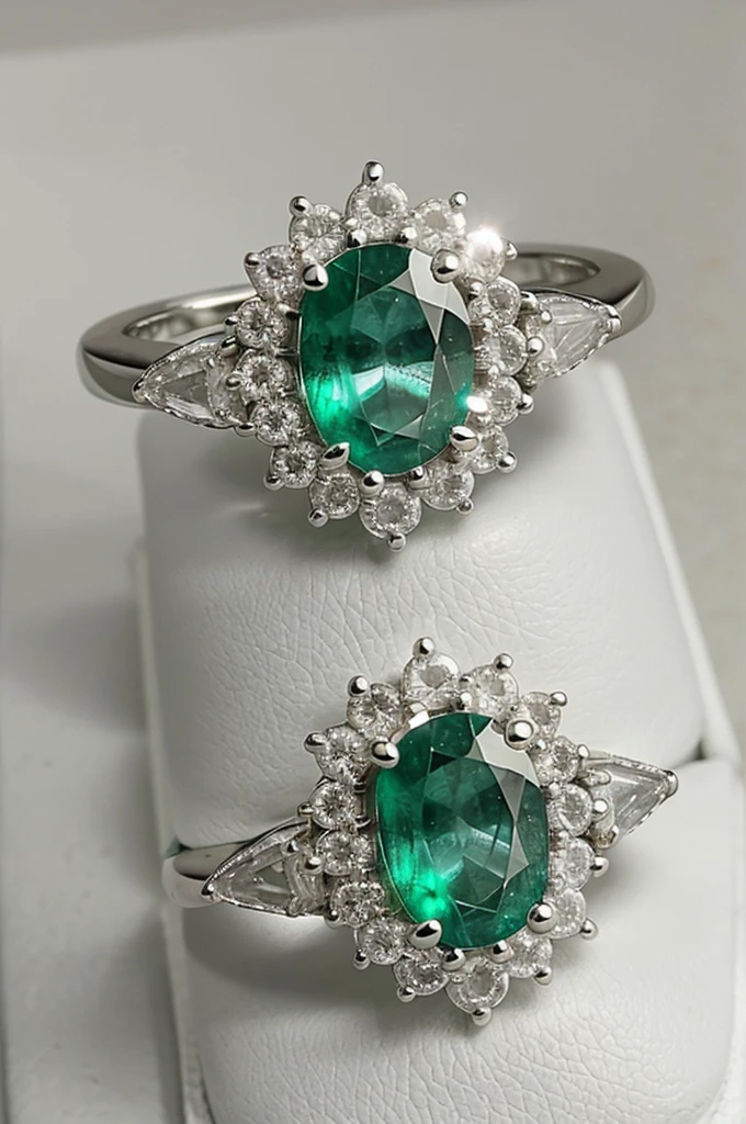 a white gold ring adorned with a cut emerald that had, on each side, a perfect diamond. It was the most beautiful jewel he had ever seen.; shiny but elegant, beautiful but without being opulent.