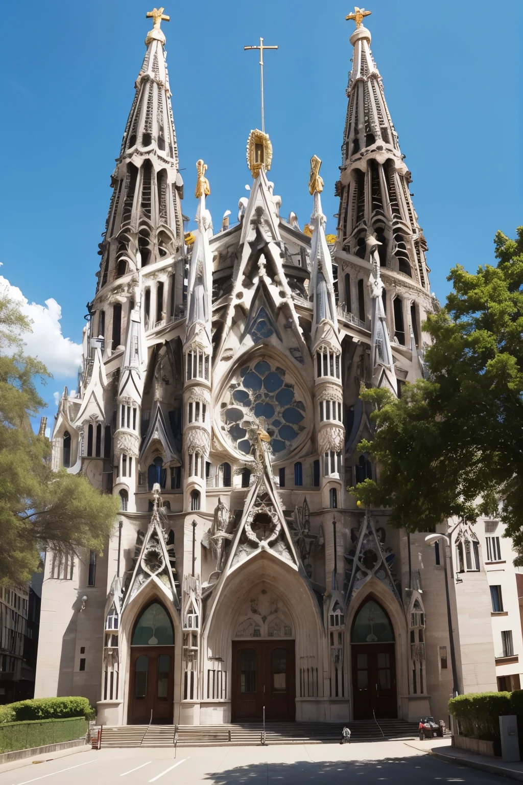 A Catholic church on the corner, with a large central tower, some trees around, This church is called Sagrada Familia