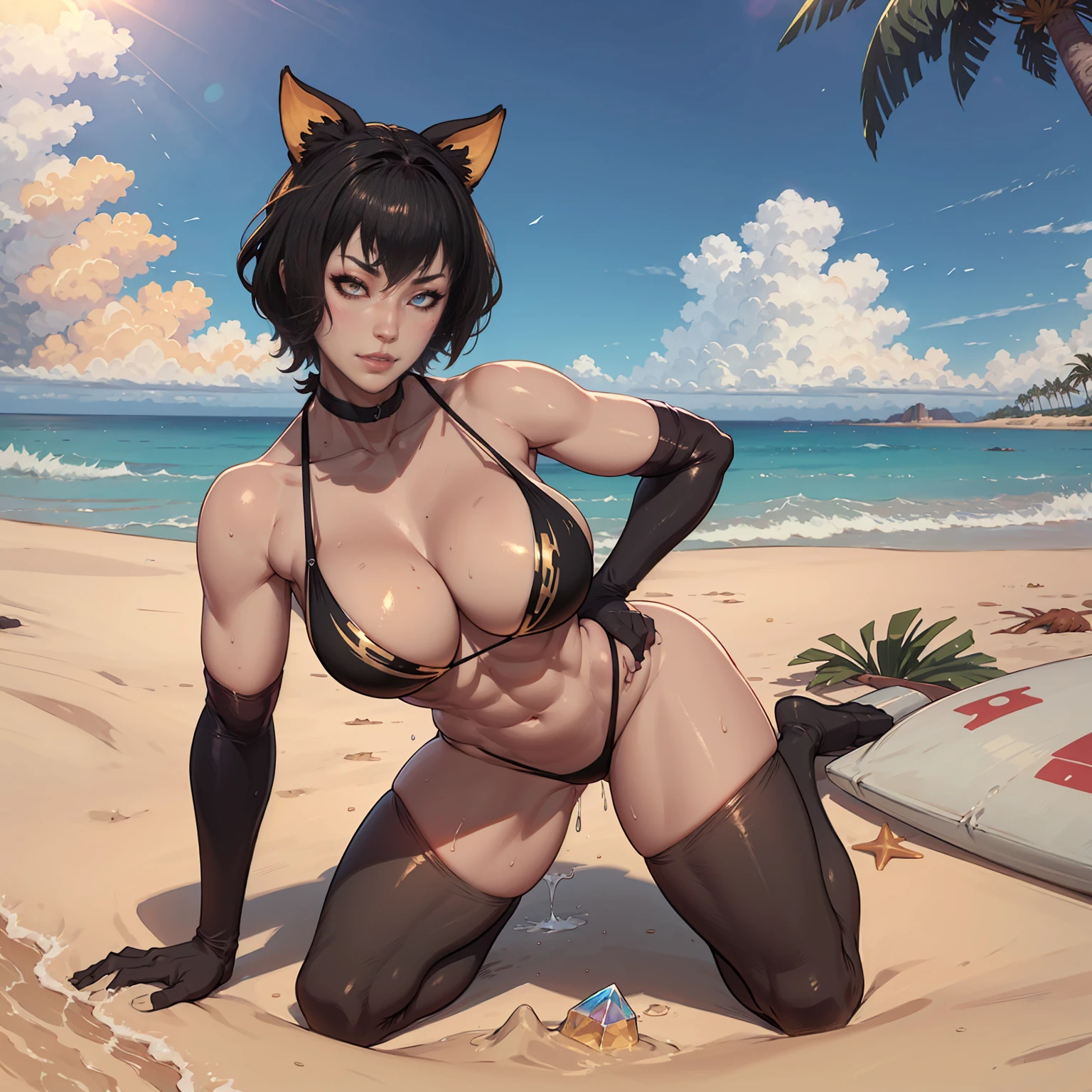 uploaded on e621, explicit content, 3d:0.8, (bastika, cutesexyrobutts, hioshiru), female, solo, kashanioh, beach setting, midday, bright sun, golden sand, crystal clear waves, palm tree, (dark black bikini), eropose, 