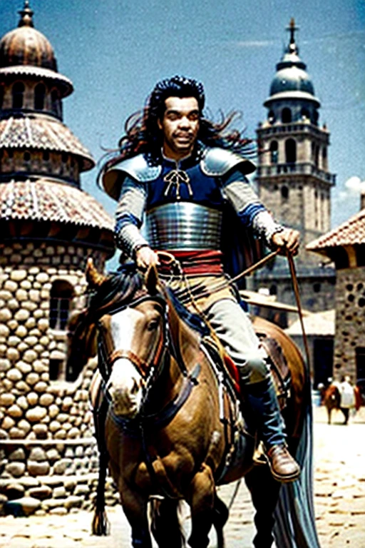Cantinflas with long hair riding a horse in medieval armor 