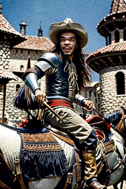 Cantinflas with long hair riding a horse in medieval armor
