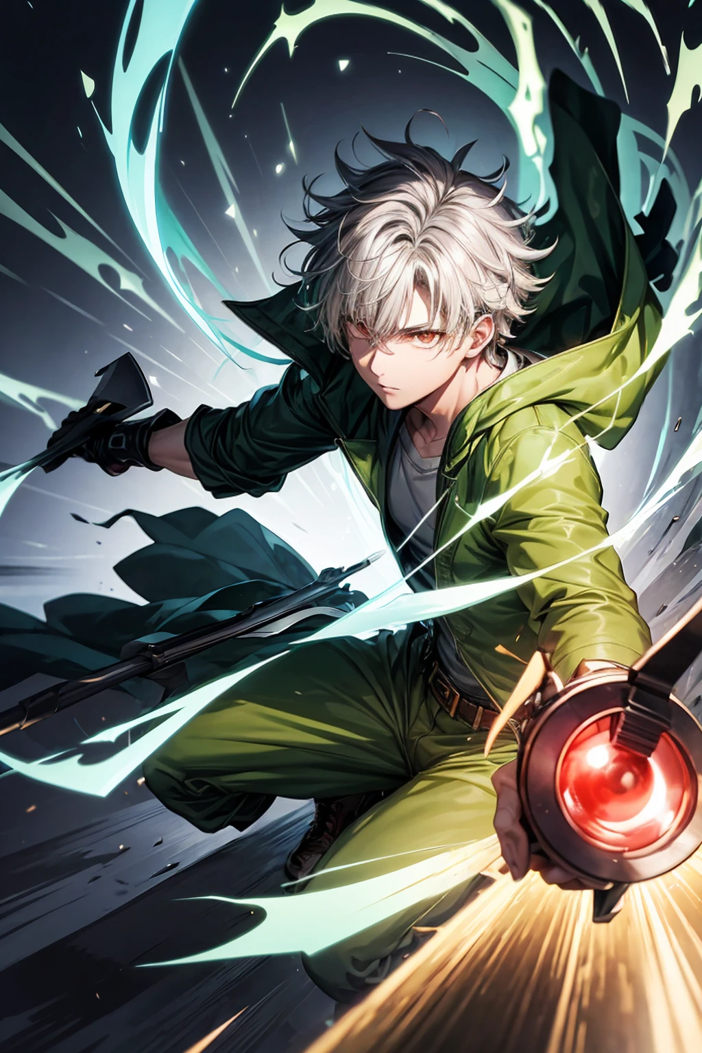 Describe an intense scene from a manga/manhwa where a male character is in the middle of an attack or using a special ability. He has a fierce and determined expression, with eyes glowing red, while holding a shovel with both hands. A magical green aura emanates from the shovel, iluminando o ambiente ao redor. The character wears an olive green coat over a white shirt and a gray vest. He is in a crouched posture, indicating readiness and strength. Lines of action around suggest rapid movement, and the word 'UPDATED!' appears at the top of the scene, indicating a change in the character's ability or state. Capture the intensity and energy of this scene, emphasizing the magical elements and determination of the character