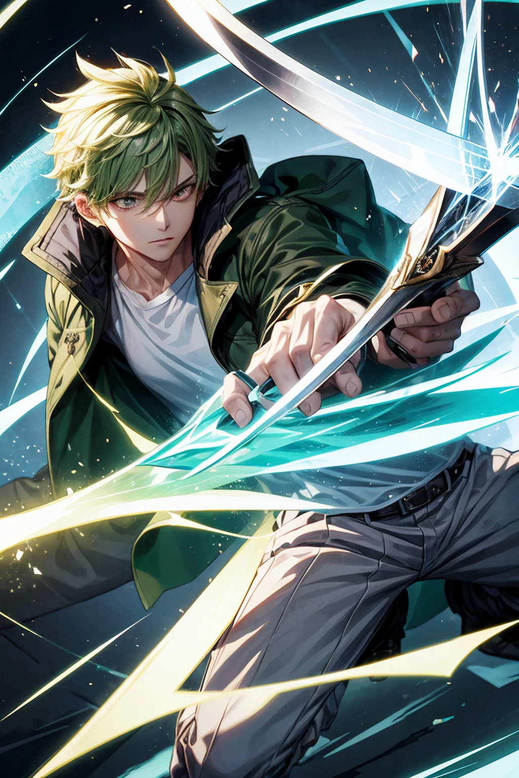 Describe an intense scene from a manga/manhwa where a male character is in the middle of an attack or using a special ability. He has a fierce and determined expression, with eyes glowing red, while holding a shovel with both hands. A magical green aura emanates from the shovel, iluminando o ambiente ao redor. The character wears an olive green coat over a white shirt and a gray vest. He is in a crouched posture, indicating readiness and strength. Lines of action around suggest rapid movement, and the word 'UPDATED!' appears at the top of the scene, indicating a change in the character's ability or state. Capture the intensity and energy of this scene, emphasizing the magical elements and determination of the character