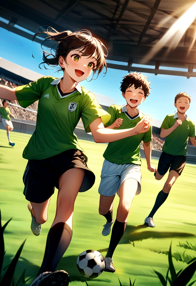 A photograph of young people playing soccer, smiling and cheering, on a lush green field under a bright blue sky. Details of background include a stadium in the distance, sunlight casting dynamic shadows on the grass. Created Using: wide-angle lens, natural light, candid photography, energetic vibe, summer day, vibrant colors, motion blur, high contrast, sports photography, hd quality, natural look --ar 16:9 --v 6.0
