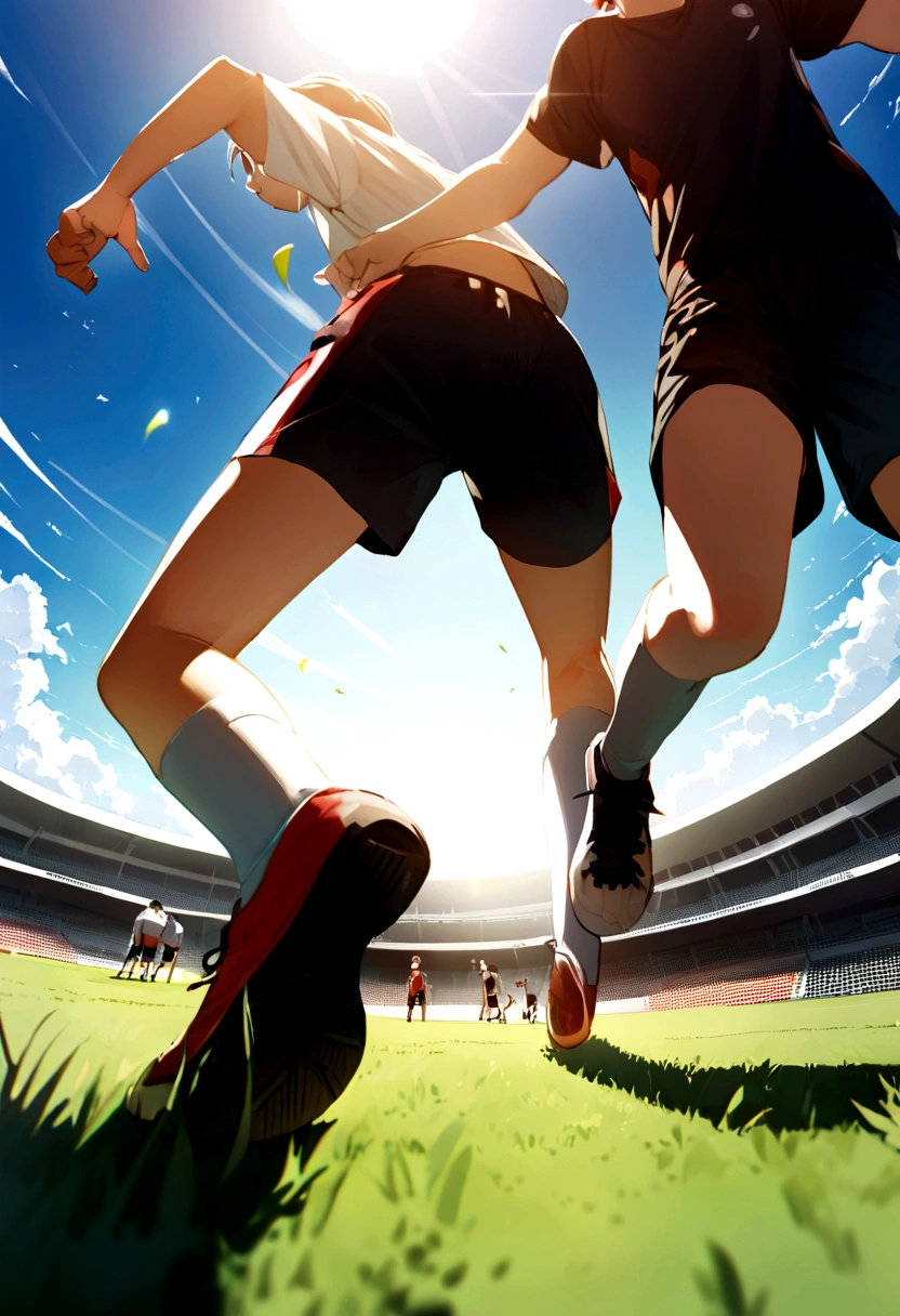 A photograph of young people playing soccer, smiling and cheering, on a lush green field under a bright blue sky. Details of background include a stadium in the distance, sunlight casting dynamic shadows on the grass. Created Using: wide-angle lens, natural light, candid photography, energetic vibe, summer day, vibrant colors, motion blur, high contrast, sports photography, hd quality, natural look --ar 16:9 --v 6.0
