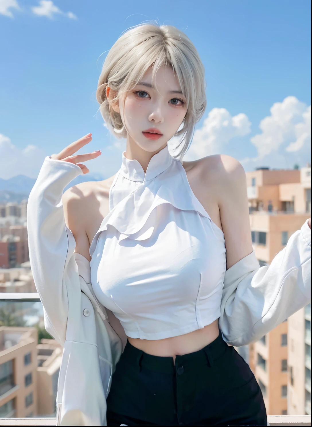 Beautiful woman with perfect figure:1.4,Desert Background,Desert Background,Ultra-high resolution,Seductive laughter,wear glasses,(lifelike:1.4),Layered Hairstyle,White皮肤,Super short pleated skirt,whole body,Very delicate face and skin texture,Double eyelids,Skin Whitening,Long hair,White hair,White,